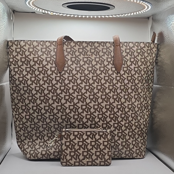DKNY Brown Patterned Tote Bag with Coin Pouch - Picture 1 of 16